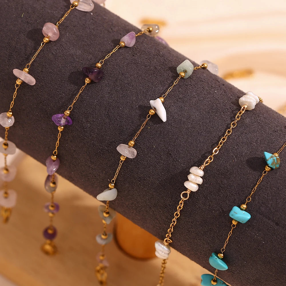 E.B.belle Natural Crushed Stone Handmade Foot Chains 18K Gold Plated Jewelry 316L Stainless Steel Bracelet for Women