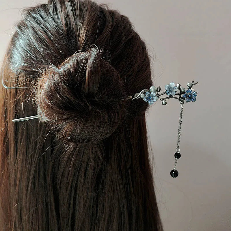 Ink Flower Tassel Hair Stick For Women Chinese Hanfu Hair Accessories Classic Cheongsam Decor Hairpin Retro Metal Hair Jewelry