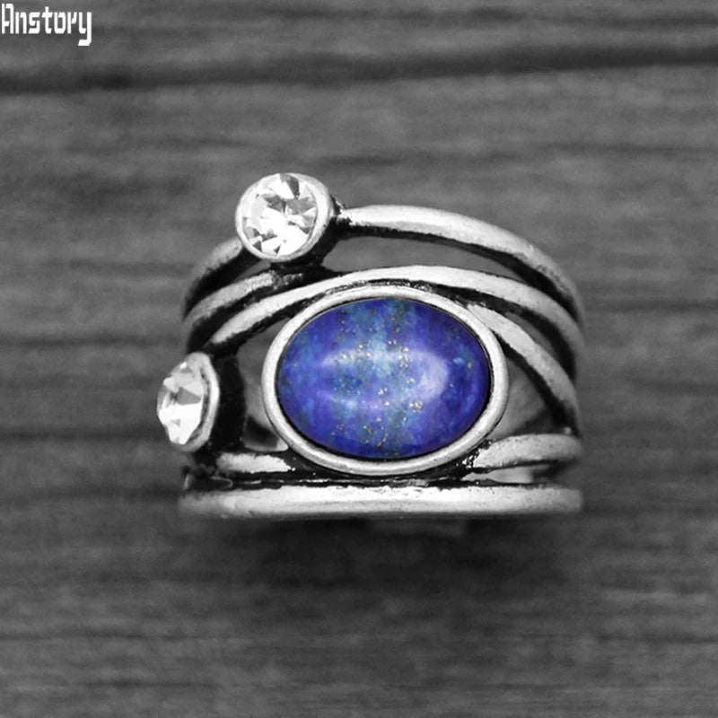 Vintage Look Natural Lapis Lazuli Quartz Rings For Women Antique Silver Plated Plant Crystal Stone Fashion Jewelry