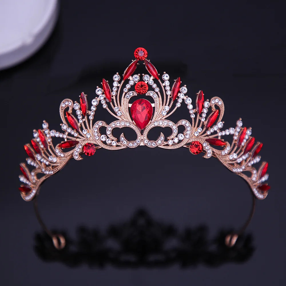 DIEZI Elegant Korean AB Pink Red Crystal Tiara Crown Women Girls Party Wedding Princess Rhinestone Bridal Crown Hair Jewelry