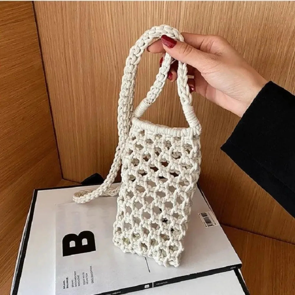 Hollow-out Woven Crochet Small Crossbody Phone Bag Women Fashion Solid Color Lightweight Braided Shoulder Handbag Crossbody Bags
