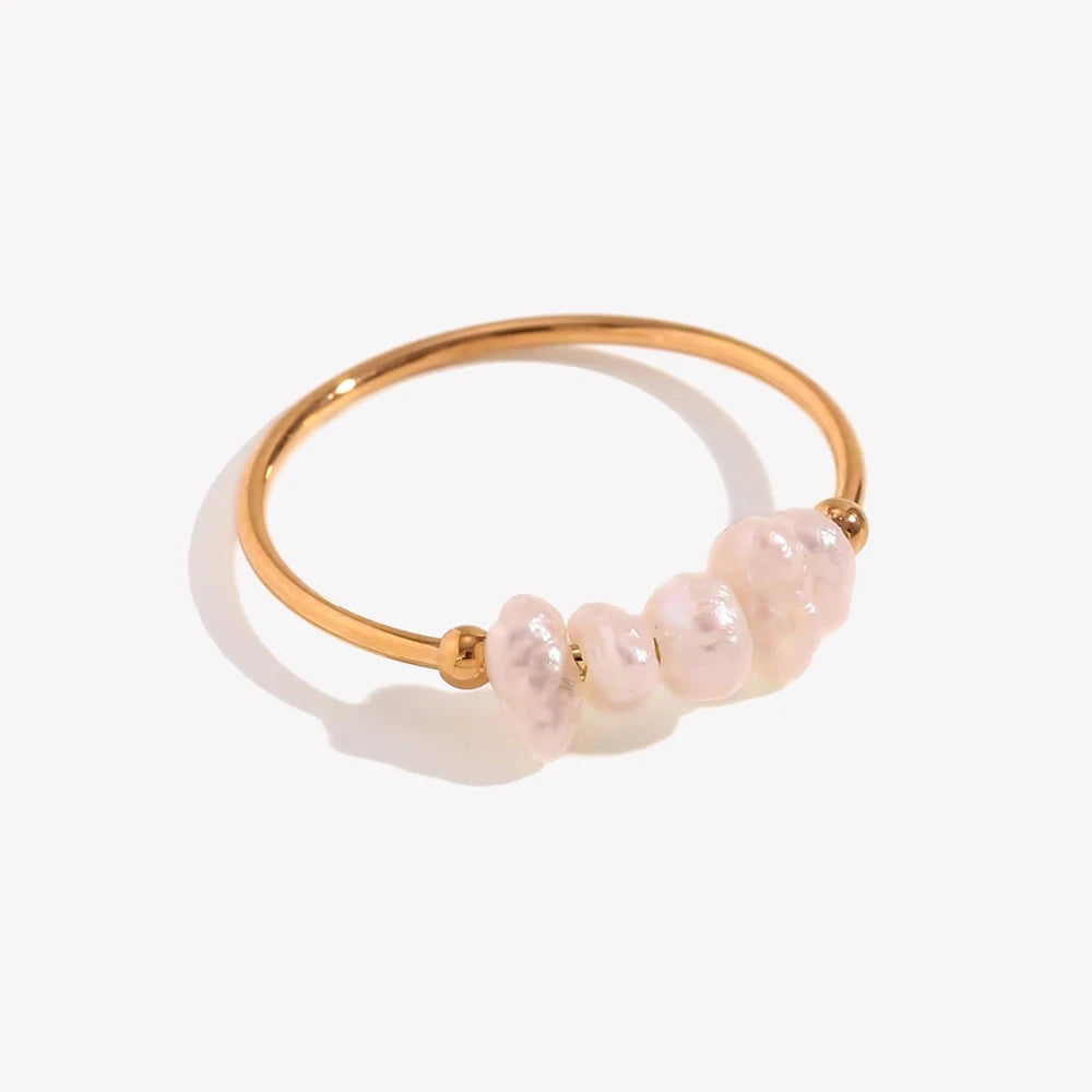 E.B.belle Gold Plated Stainless Steel Freshwater Pearls Rings For Women Accesorios Para Mujer Bagues Acier Inoxydables Femmes