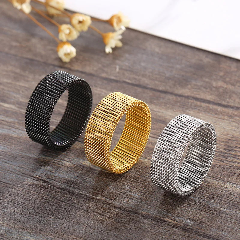 2025 New 8mm Wide Stainless Steel Rings Titanium Couple Rings Deformable Mesh Accessories for Women Men Jewelry Wedding Gift