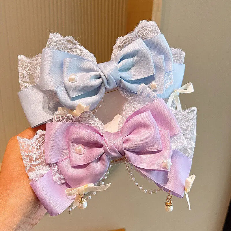 Lolita Bow Lace Hair Clip Headpiece Cosplay Headwear Women Hair Accessories Lolita Handmade Lace Pearl Hair Band Headband Bow