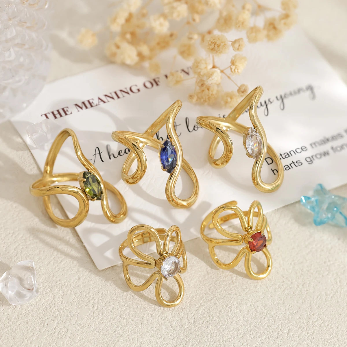 WILD & FREE 18K Gold Plated Stainless Steel Irregular Rings for Women Chic Exquisite Luxury Vintage Crystal Trendy Jewelry