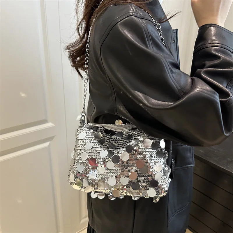 Sequin Evening Party Shoulder Bags for Women Lightweight Portable Ladies Chain Crossbody Bag Solid Color Casual Female Handbag