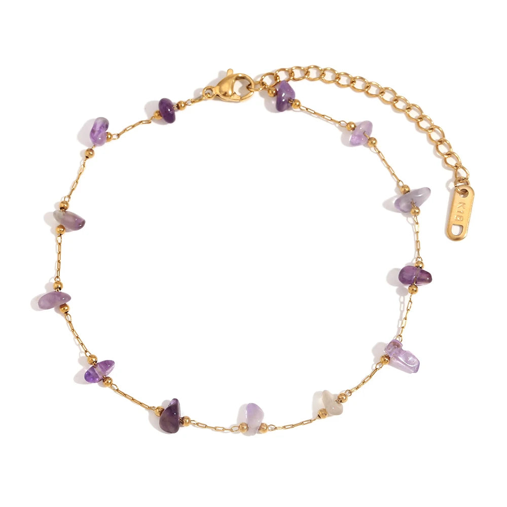 E.B.belle Natural Crushed Stone Handmade Foot Chains 18K Gold Plated Jewelry 316L Stainless Steel Bracelet for Women