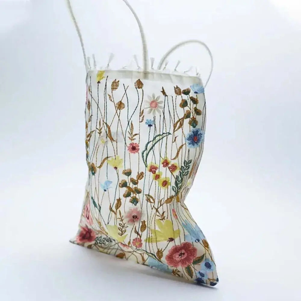 Simple Camellia Flower Embroidery Cloth Bag Lace Large Capacity Canvas Shoulder Bag Handbag Cosmetic Bag Ethnic Style Bag Girls