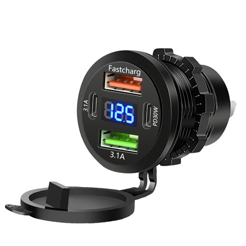 4-Port Car Charger – Dual USB & Type-C Fast Charging with Voltmeter