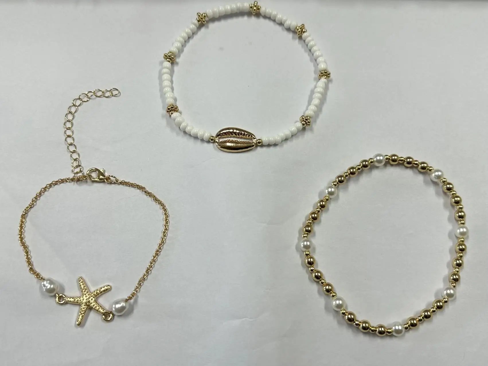 Women's Bohemian Style Beach Vacation Ankle Chains Three-Layer Foot Accessories with Rice Pearls Seashells And Starfish