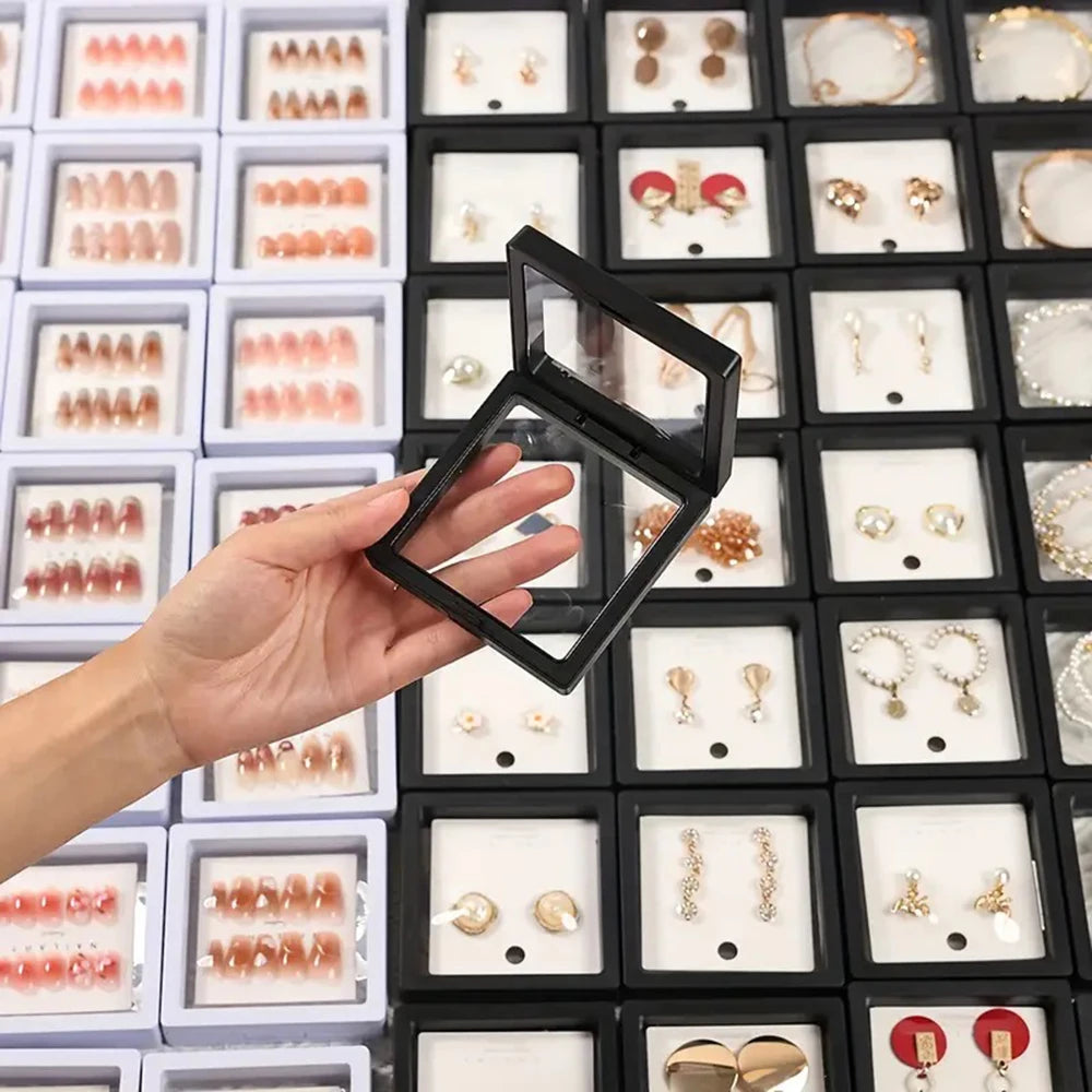 10pcs PE Film Black White Jewelry Storage Box 3D Packaging Case Free Stand Floating Frame Membrane Ring Earring Necklace Display