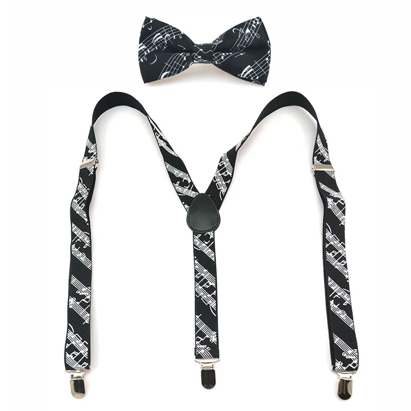 Unisex Y-Shape Suspender Bowtie Set Score Line Music Note Office Casual Braces for Trousers Pants Holder Top Mix Match Women Men
