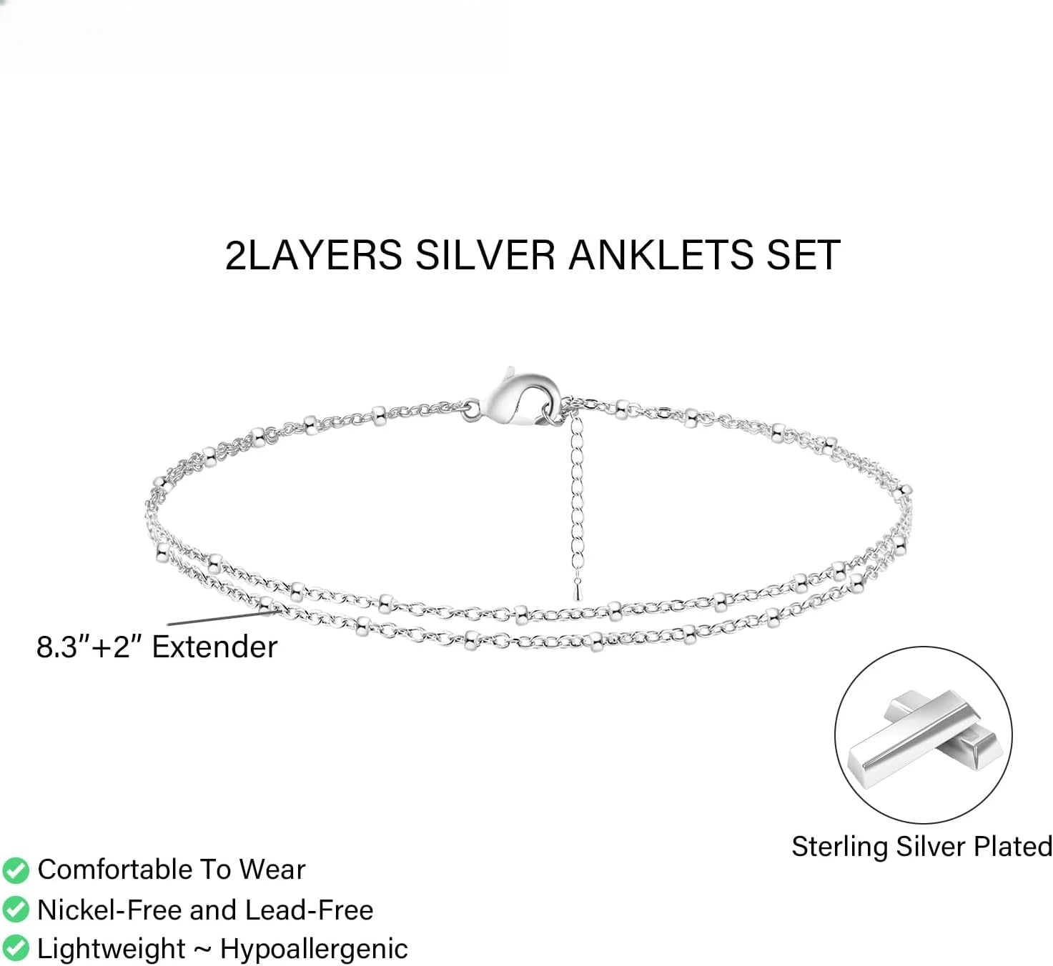 Women Sterling Silver Ankle Bracelets Trendy Waterproof Anklets Set Adjustable Layered Anklet Bracelets Summer Beach Jewelry