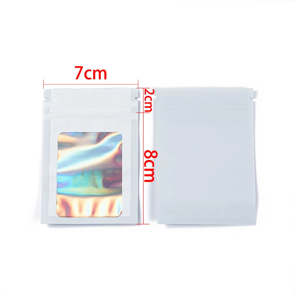 50Pcs Thick Smell Proof Mylar Bag Holographic Laser Color Plastic Packaging Pouch Jewelry Retail Storage Pouch Gift Zip Lock Bag