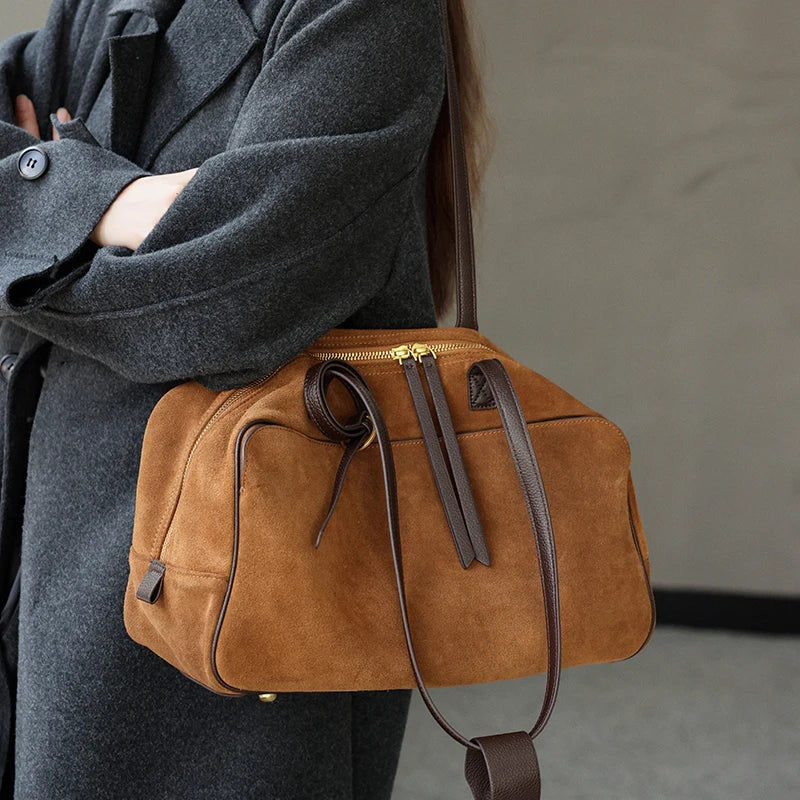 Autumn Winter Women's Cow Genuine Leather Tote Bag Suede Commuting Cowhide Handbags Large Capacity Designer Luxury Velvet Bags