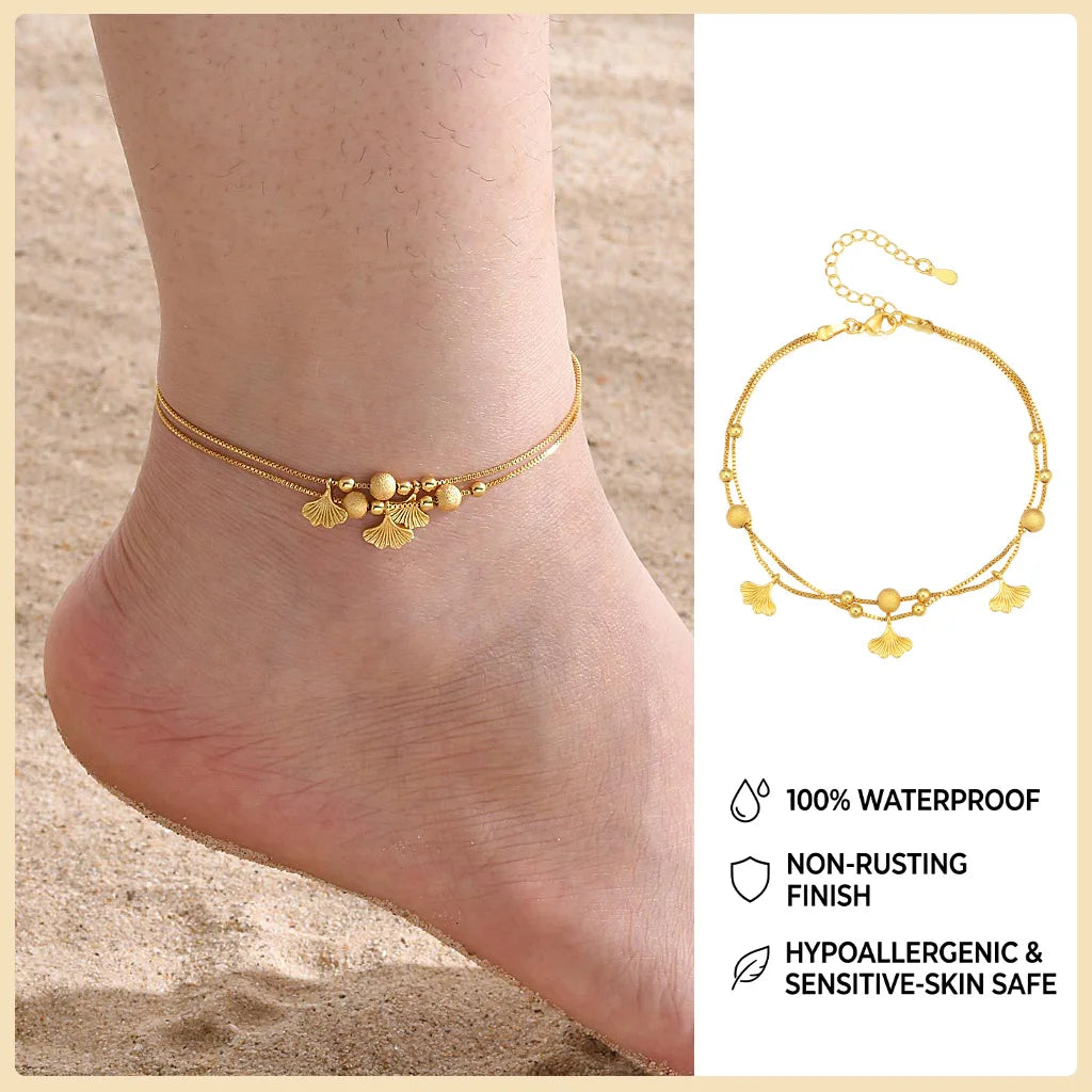 Ball Anklet Bracelet Stainless Steel Non-tarnish Waterproof Adjustable Beach Bead Cuban Link Summer Boho Foot Jewelry for Women