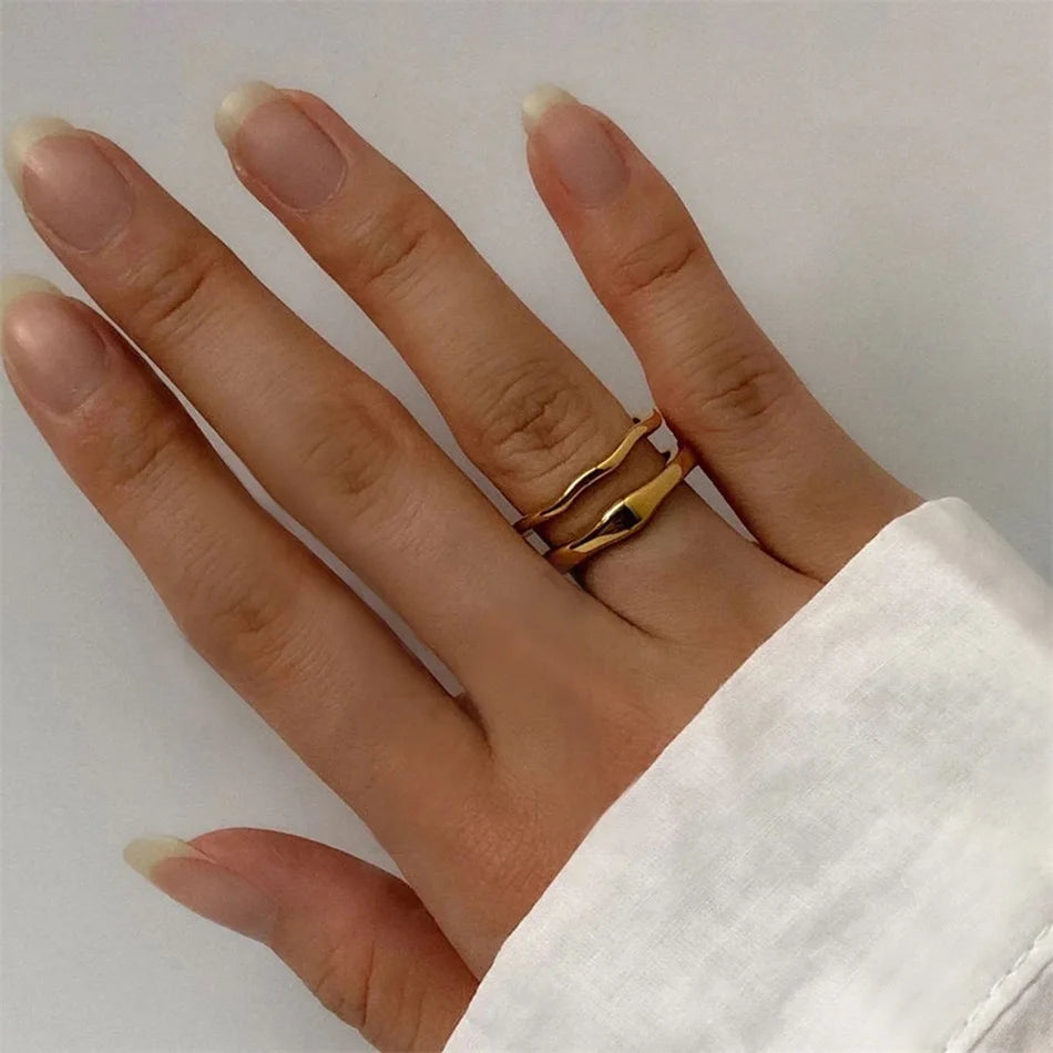EManco Gold Color / Silver Color Irregular Wave Rings Trendy Simple Geometric Handmade Jewelry for Women Couple