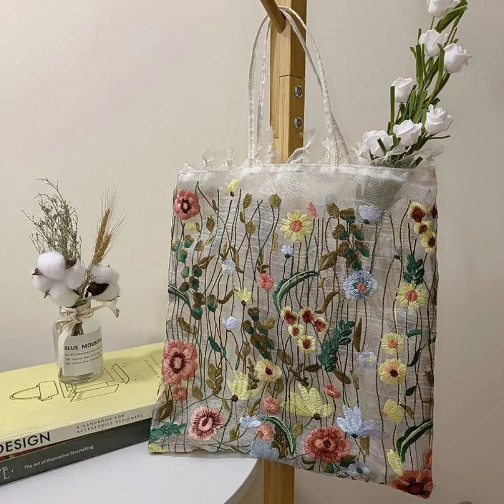 Simple Camellia Flower Embroidery Cloth Bag Lace Large Capacity Canvas Shoulder Bag Handbag Cosmetic Bag Ethnic Style Bag Girls