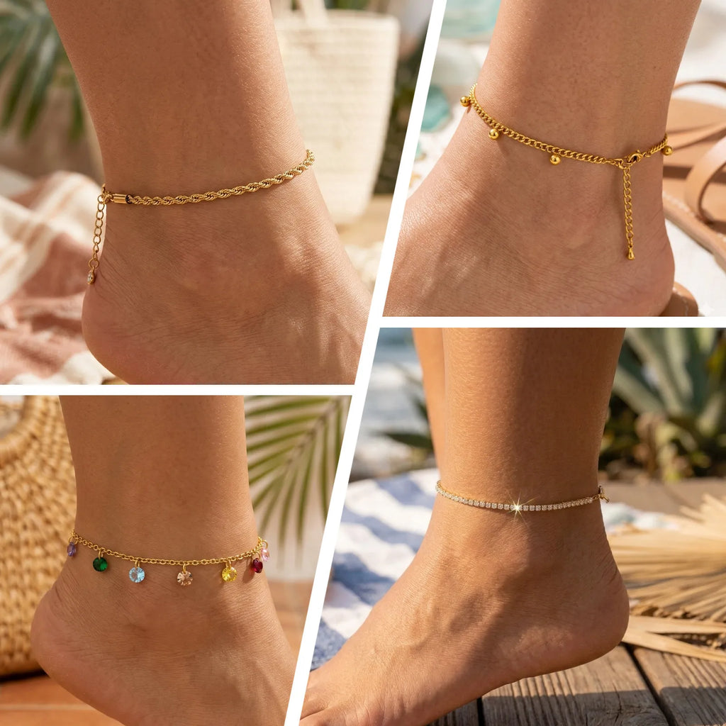 Ball Anklet Bracelet Stainless Steel Non-tarnish Waterproof Adjustable Beach Bead Cuban Link Summer Boho Foot Jewelry for Women