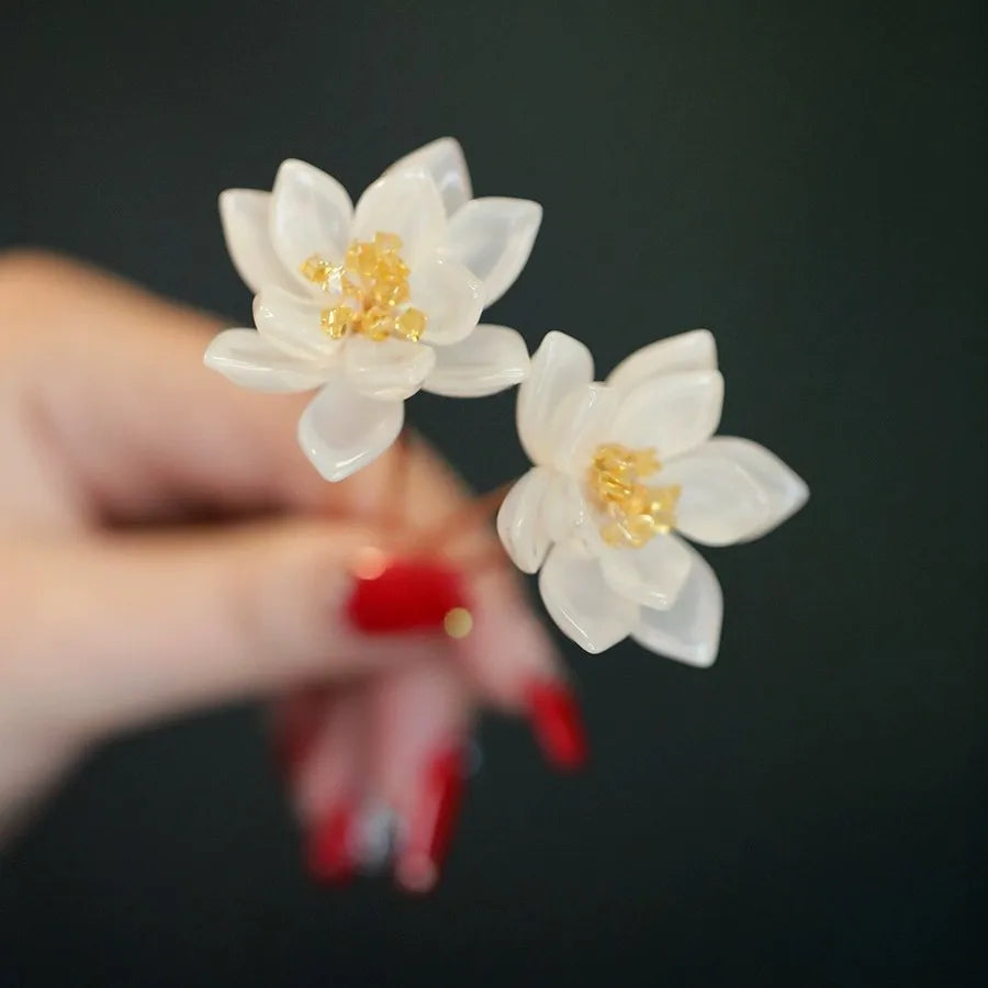 2pcs Vintage Hairpin Glazed Flower Tiara Chinese Hanfu Hair Accessories Lotus Shaped U-shaped Hair Clip Forks Retro Hair Jewelry