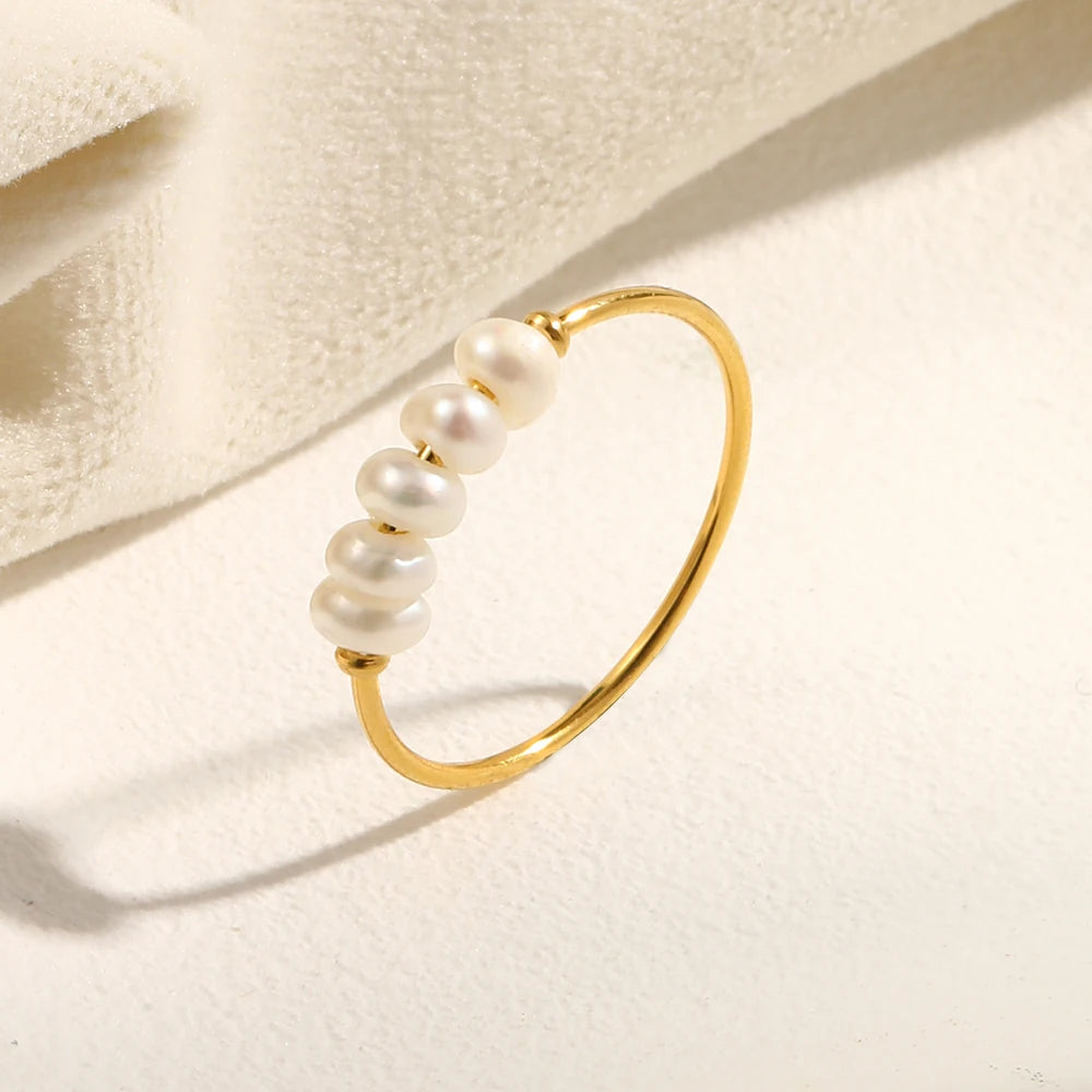 E.B.belle Gold Plated Stainless Steel Freshwater Pearls Rings For Women Accesorios Para Mujer Bagues Acier Inoxydables Femmes