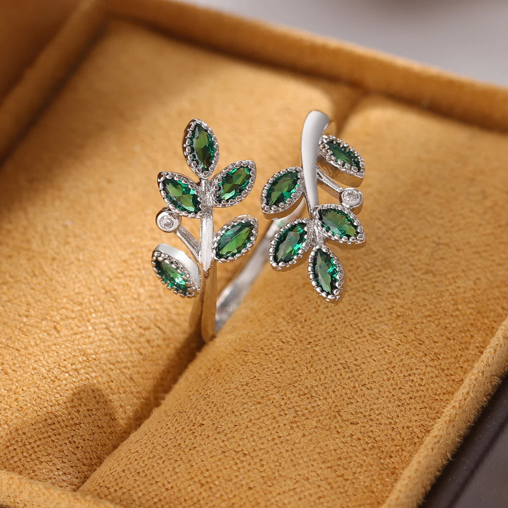 New Fashion Green Crystal Leaves 925 Sterling Silver Personality Temperament Creative Exquisite Opening Rings R376