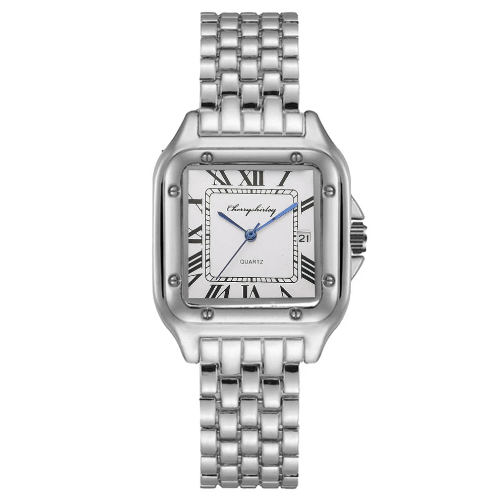 Luxury Branded Women Watches 2025 Simple Square Roman Calendar Women Quartz Watch Fashion Stainless Steel Strap Ladies Clock
