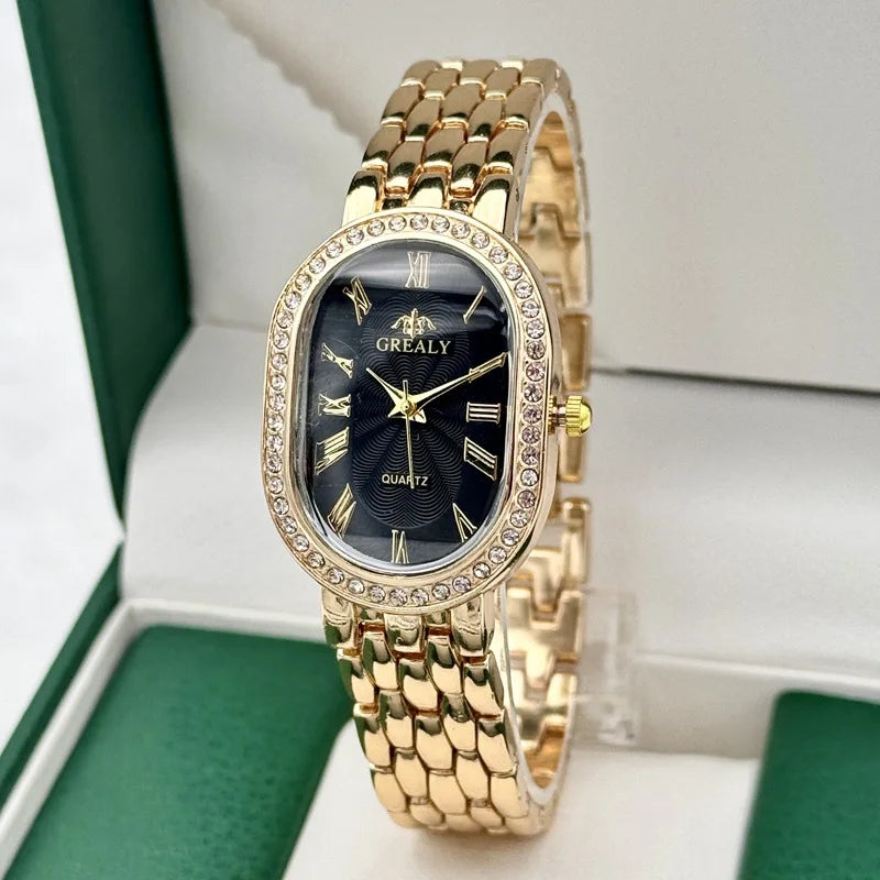 Ladies' Watches Fashionable Luxury Wrist Watch Diamond Encrusted Oval Roman Numeral Dial Quartz Watch Women's Clock