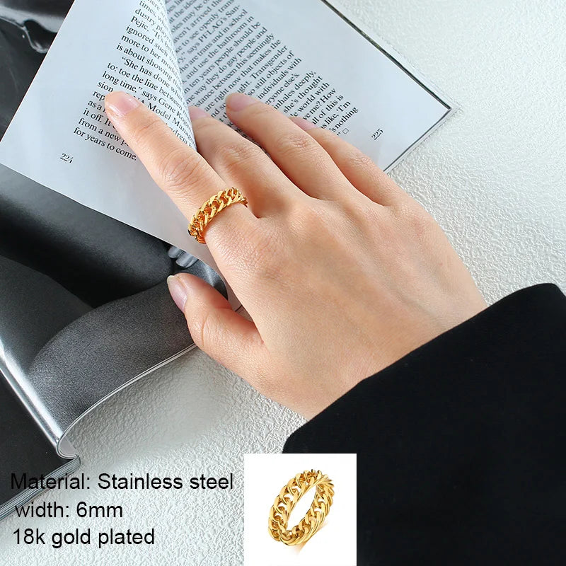 6mm Thick Chunky Chain Ring Cuban Curb Link Stainless Steel Stylish Ring for Women Girls