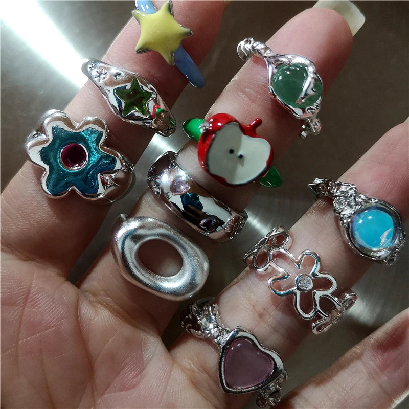 Korean Fashion Cute Heart apple Star Geometric Open Metal Ring For Women Y2K Gothic Creative Charm Grunge Jewelry Accessories