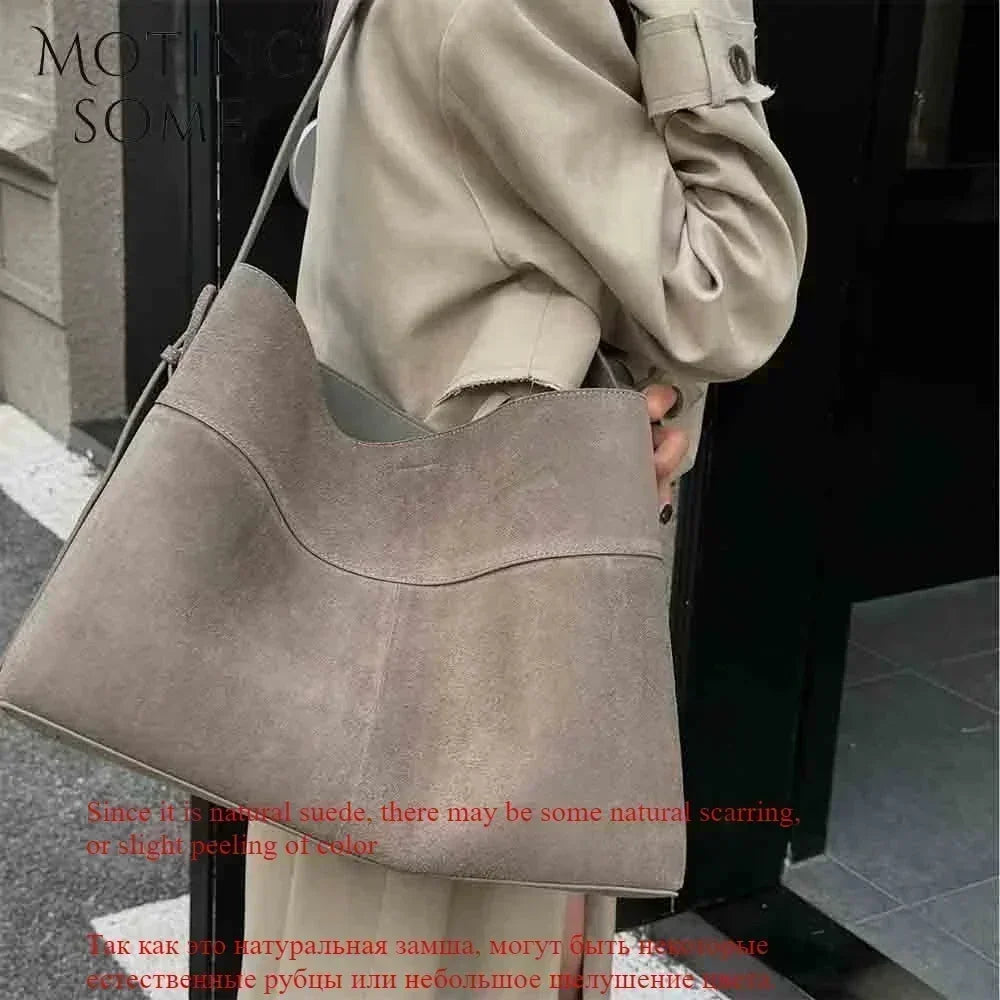 Motingsome Oversize Women Bag Luxury Suede Leather Winter Bags Frosted Cow Skin Handbag and Purses Retro Lady Tote 2024 New