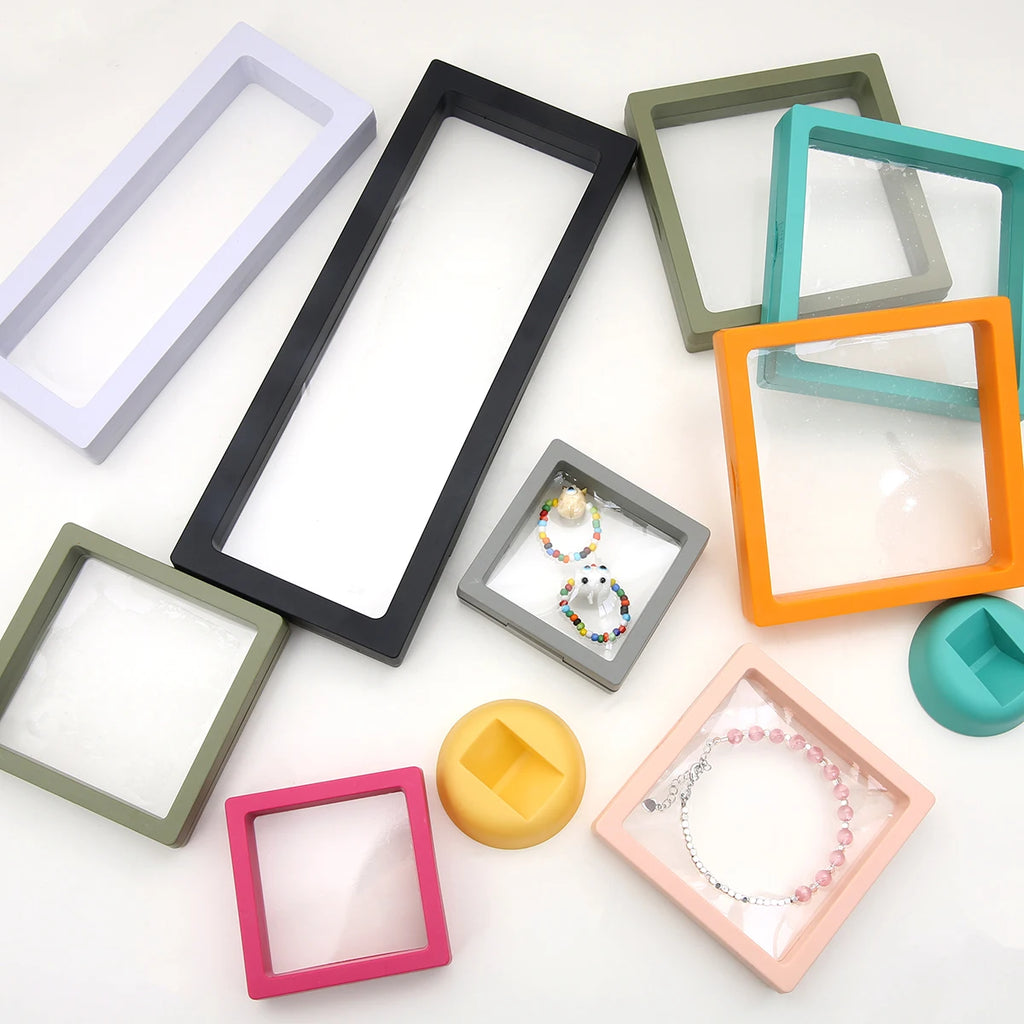 PE Film Colorful Jewelry Storage Box 3D Packaging Case Gemstone Free Stand Floating Frame Membrane Ring Earring Necklace Display
