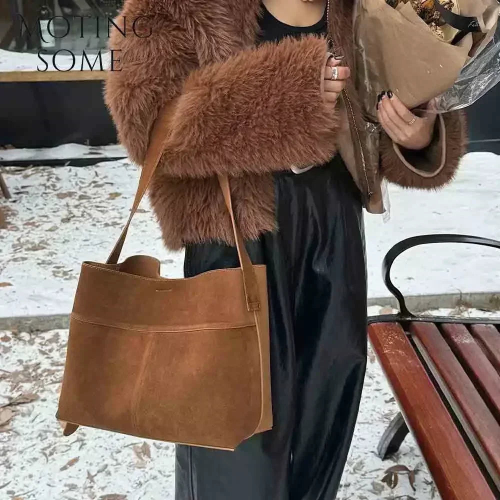 Motingsome Oversize Women Bag Luxury Suede Leather Winter Bags Frosted Cow Skin Handbag and Purses Retro Lady Tote 2024 New