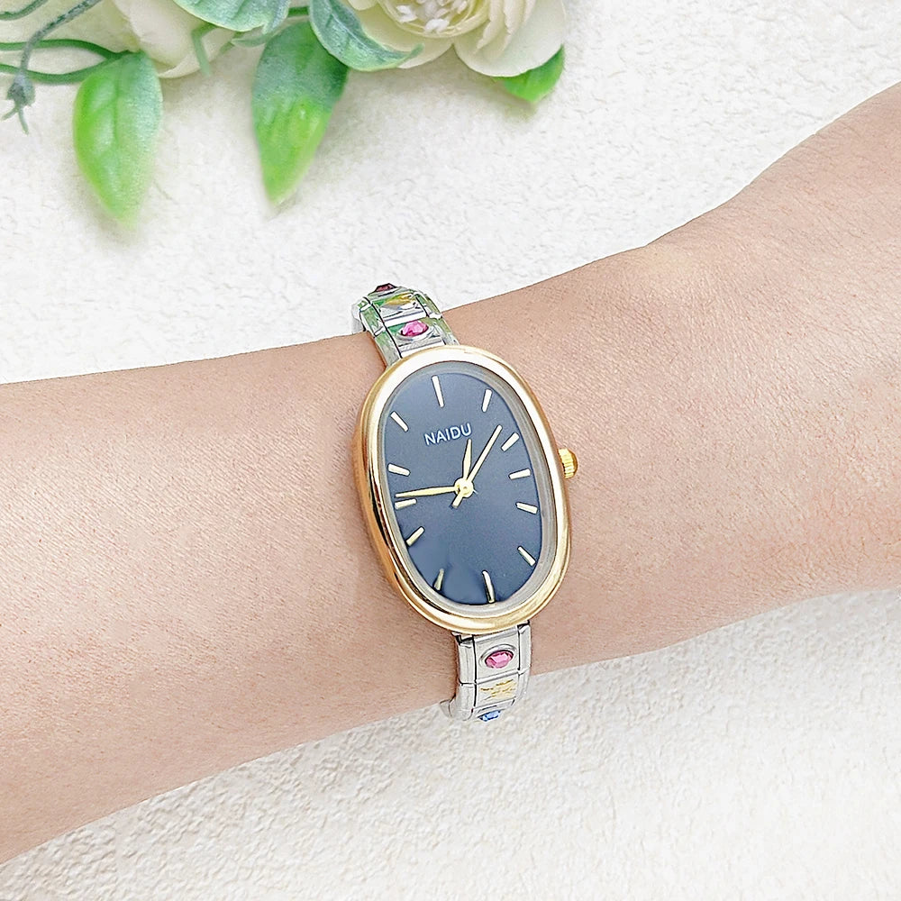 GEMOSA Modern Oval Casual Vintage Design Quartz Watches Women Ladies Stainless Steel Width 9mm Strap Party Birthday Perfect Gift