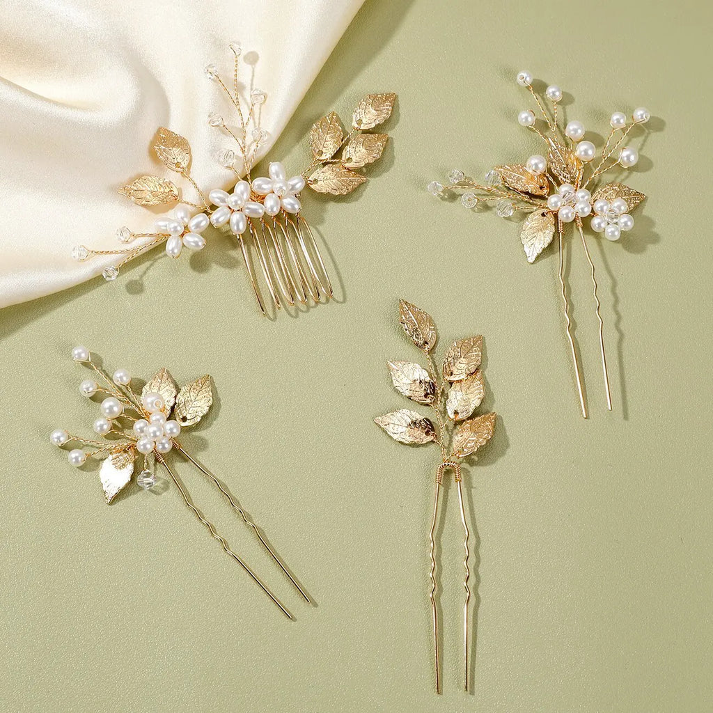Pearl Hairpin With Side Comb Wedding Hair Accessories Golden Leaf Beads Flower Hair Clip U-shaped Alloy Headwear Fashion Jewelry