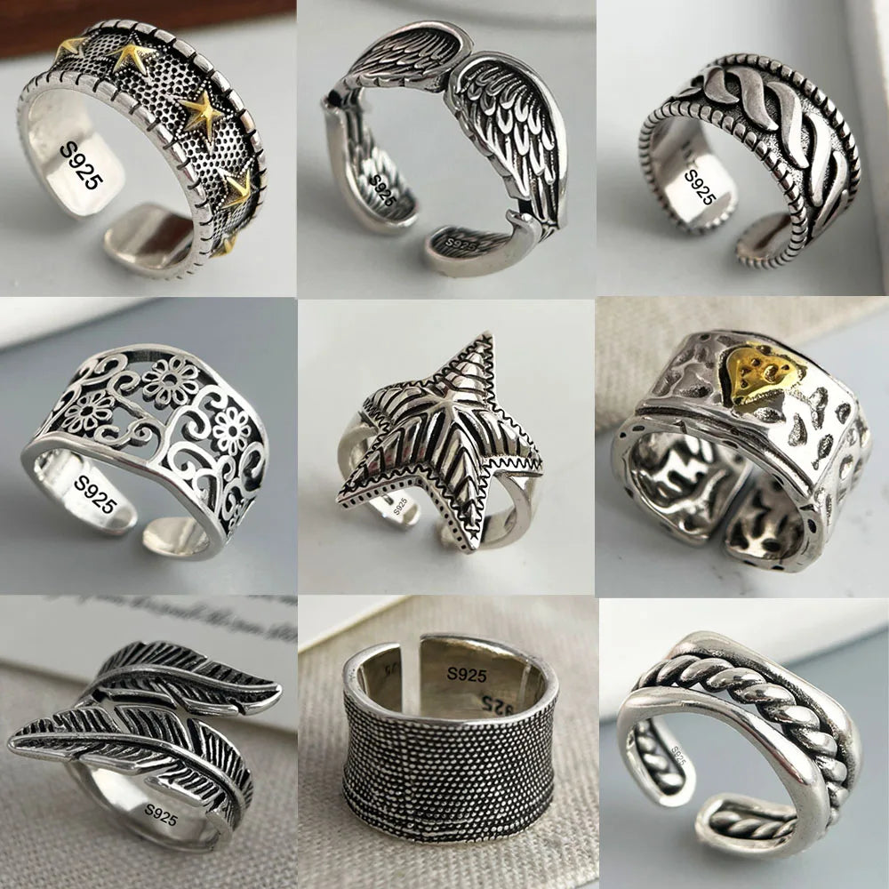 925 Sterling Silver Rings for Women Couple Minimalist Handmade Simple Retro Flower Heart Ring Fine Jewelry Gift Prevent Allergy
