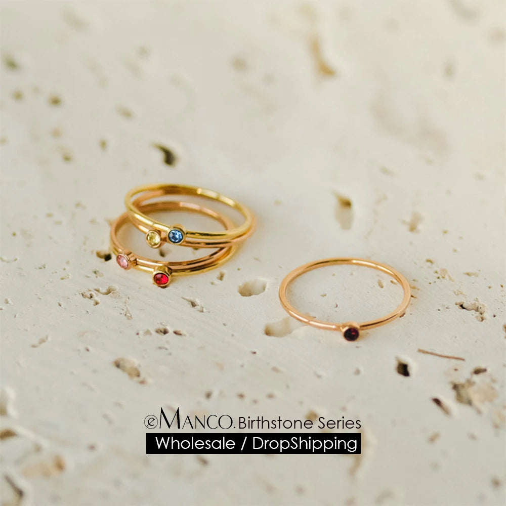 EManco 12 Color Birthstone Ring Stainless Steel Gold Plating Simple Fashion Style for Women Festival Party Gift