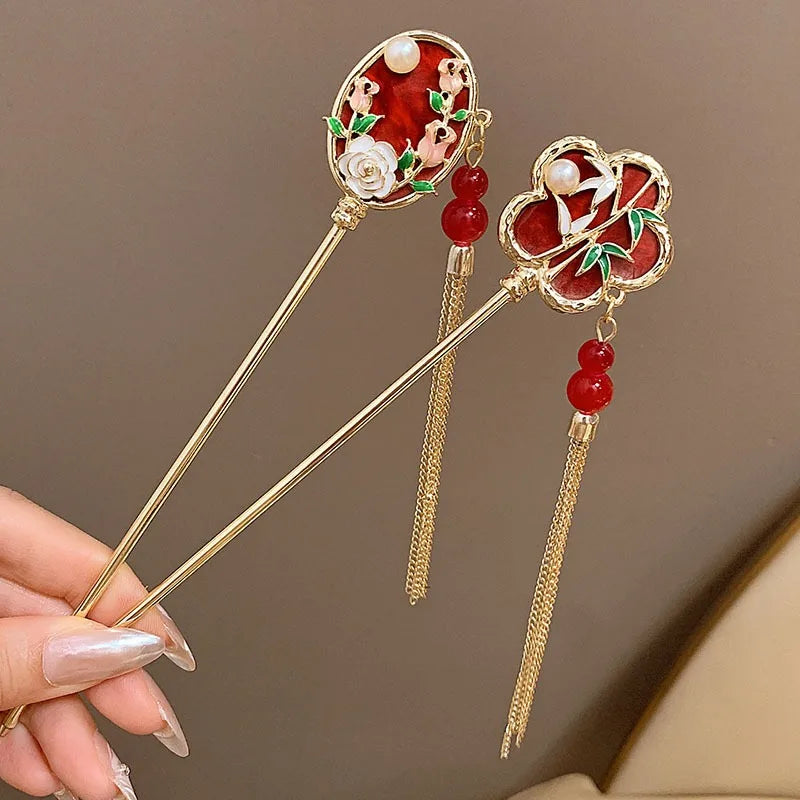 Elegant Chinese Style Hair Clip Tassel Hair Stick Traditional Floral Design Hairstyle Accessory Women Jewelry Hairpin Hairneedle