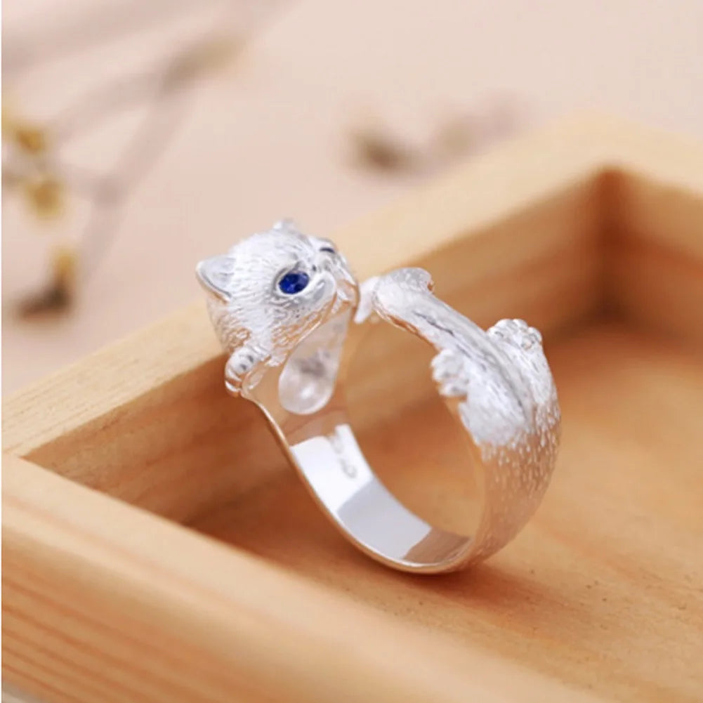 Cute Cat and Mouse Shape Open Ring for Women Antique Silver Color Modern Fashion Girls Finger Accessories Hip Hop Party Jewelry
