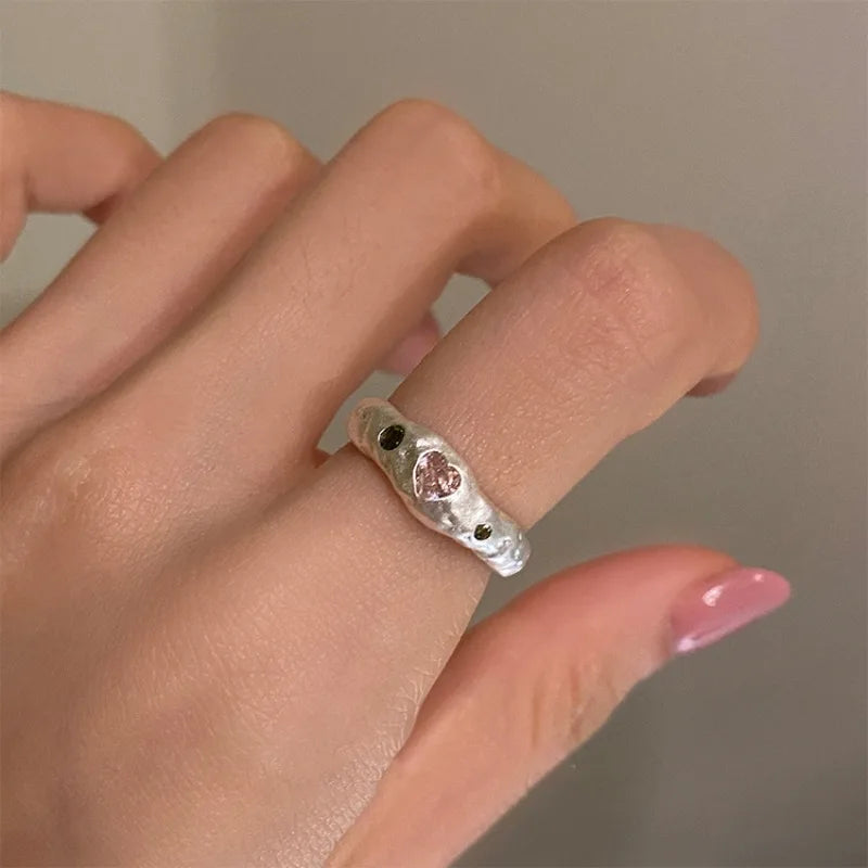 New Sweet Personality 925 Sterling Silver Adjustable Irregularly Texture Heart-shaped Pink Crystal Ring for Woman Korean Jewelry