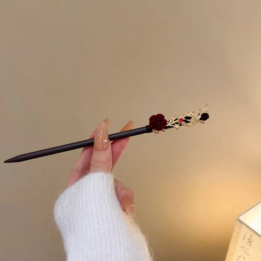Fashion Retro Red Hair Stick Vintage Ancient Style Chinese Hairpin Headwear Handmade Multi-purpose Red Rose Fringe Hairpin