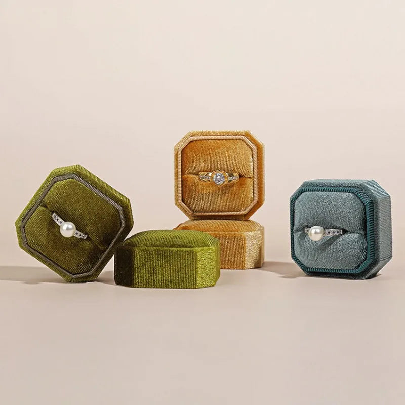 Vintage Octagon Square Velvet Single&Double Ring Box With Detachable Lid Earrings Proposal Wedding Ring Pendant Storage Box