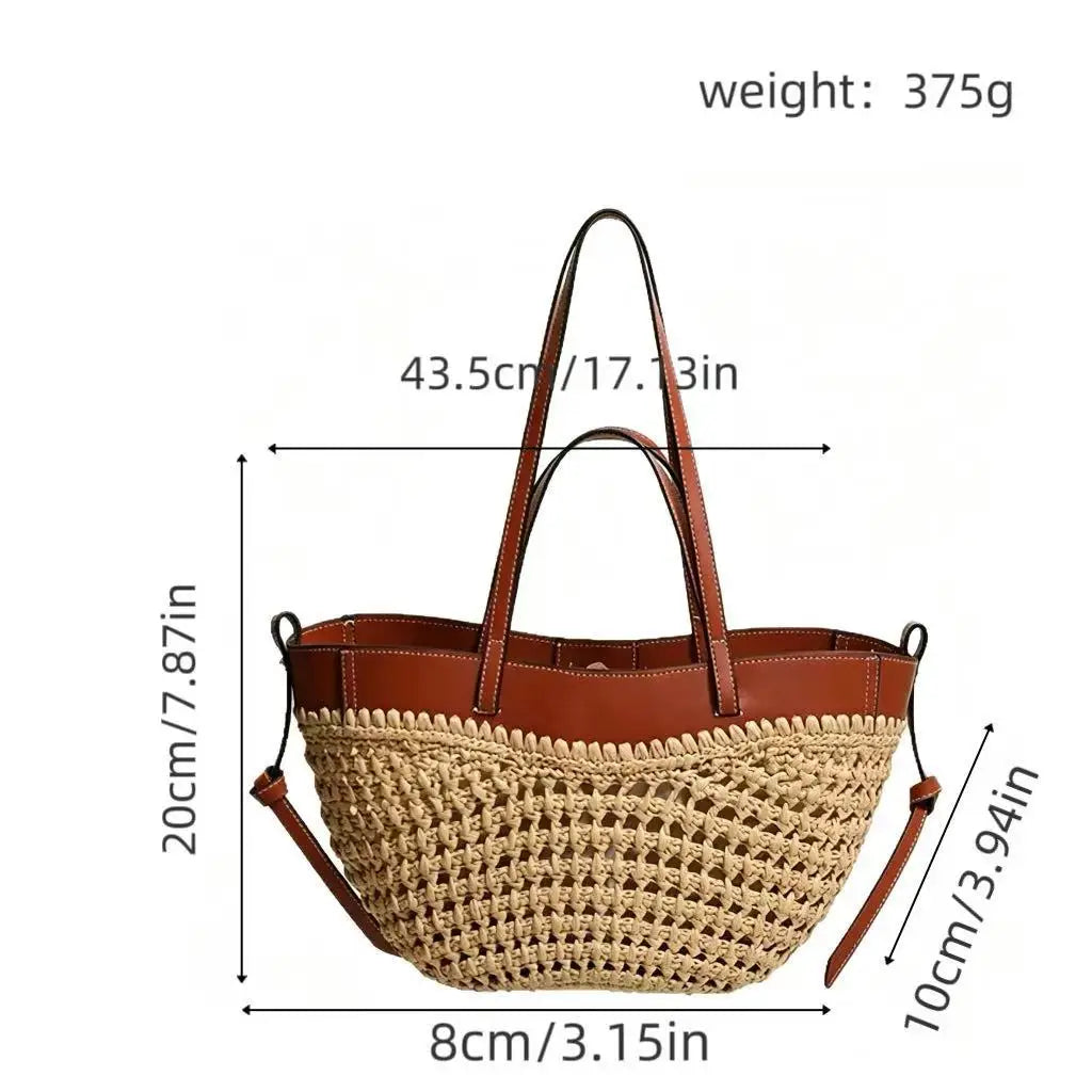 2026 Summer Hollow-out Raffia and Pu Leather Everyday Bag Lightweight Handcrafted Large Straw Tote Bag for Women Beach Bags