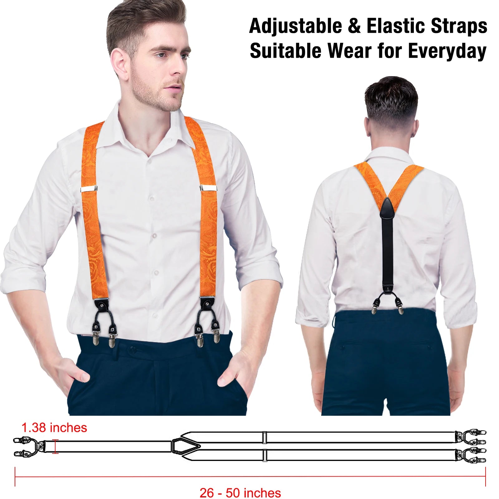 Fashion Men's Adjustable Suspenders Orange Paisley Pre-tied Bowtie Pocket Square Cufflinks Set for Wedding Party Business