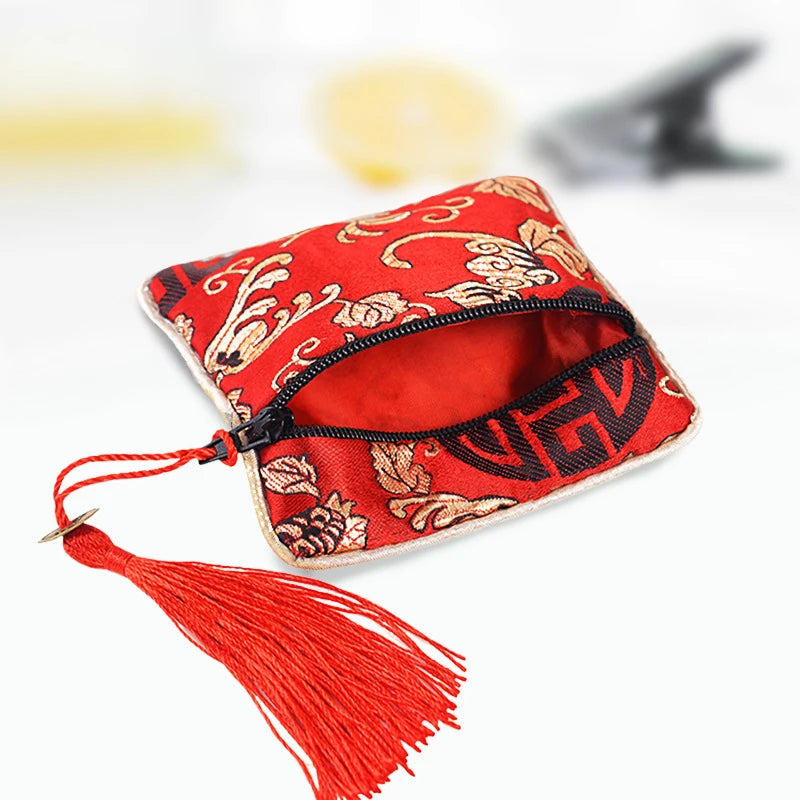 Chinese Brocade Jewelry Bag Handmade Silk Embroidery Tassel Zipper Satin Gift Bag Jewelry Packaging Pouches Coin Purse Wholesale