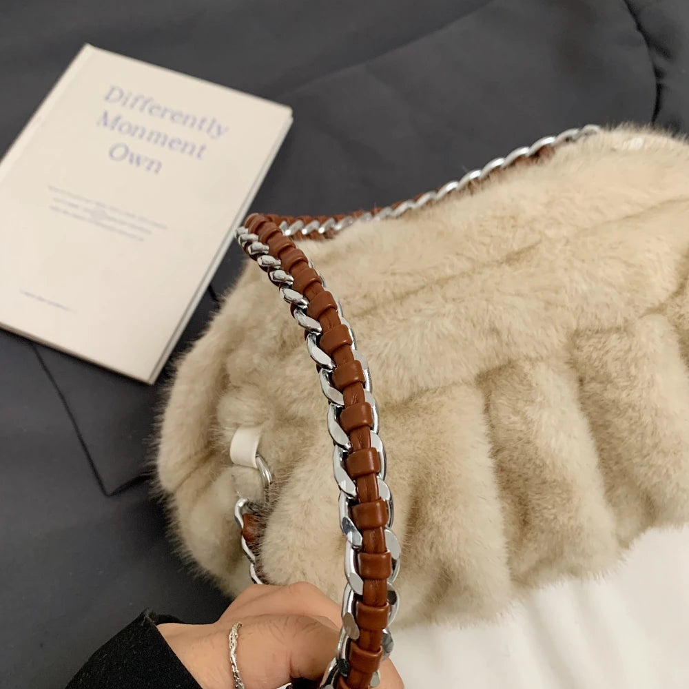 MOODS Pleated Design Faux Fur Shoulder Bags For Women 2024 Luxury Designer Purses And Handbags Winter Warm Soft Plush Hobo Bags