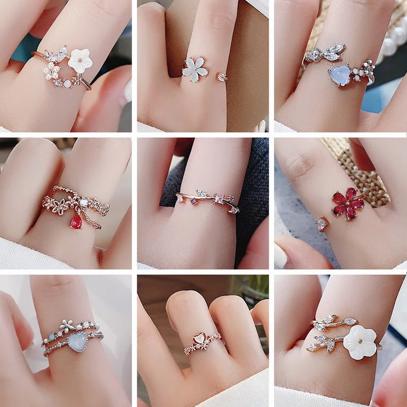 Korean CZ Sweet Crystal Zircon Heart Ring For Women Exquisite Shell Flower Opening Finger Rings Princess Wedding Jewelry