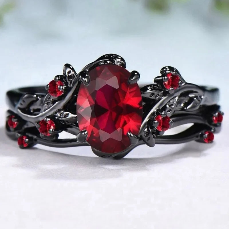 Exquisite Black Color Round Flower Red Stone Rings for Women Jewelry Anniversary Rings Gift