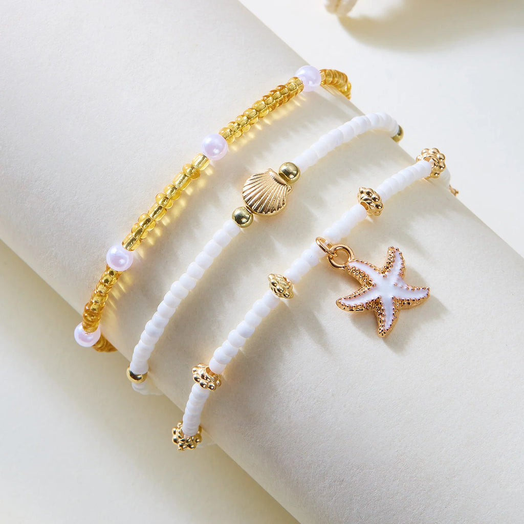 Multilayer Starfish Imitation Pearl Anklet for Women Conch Turtle Polymer Clay Beads Bracelet on the Leg Lucky Evil Eye Jewelry
