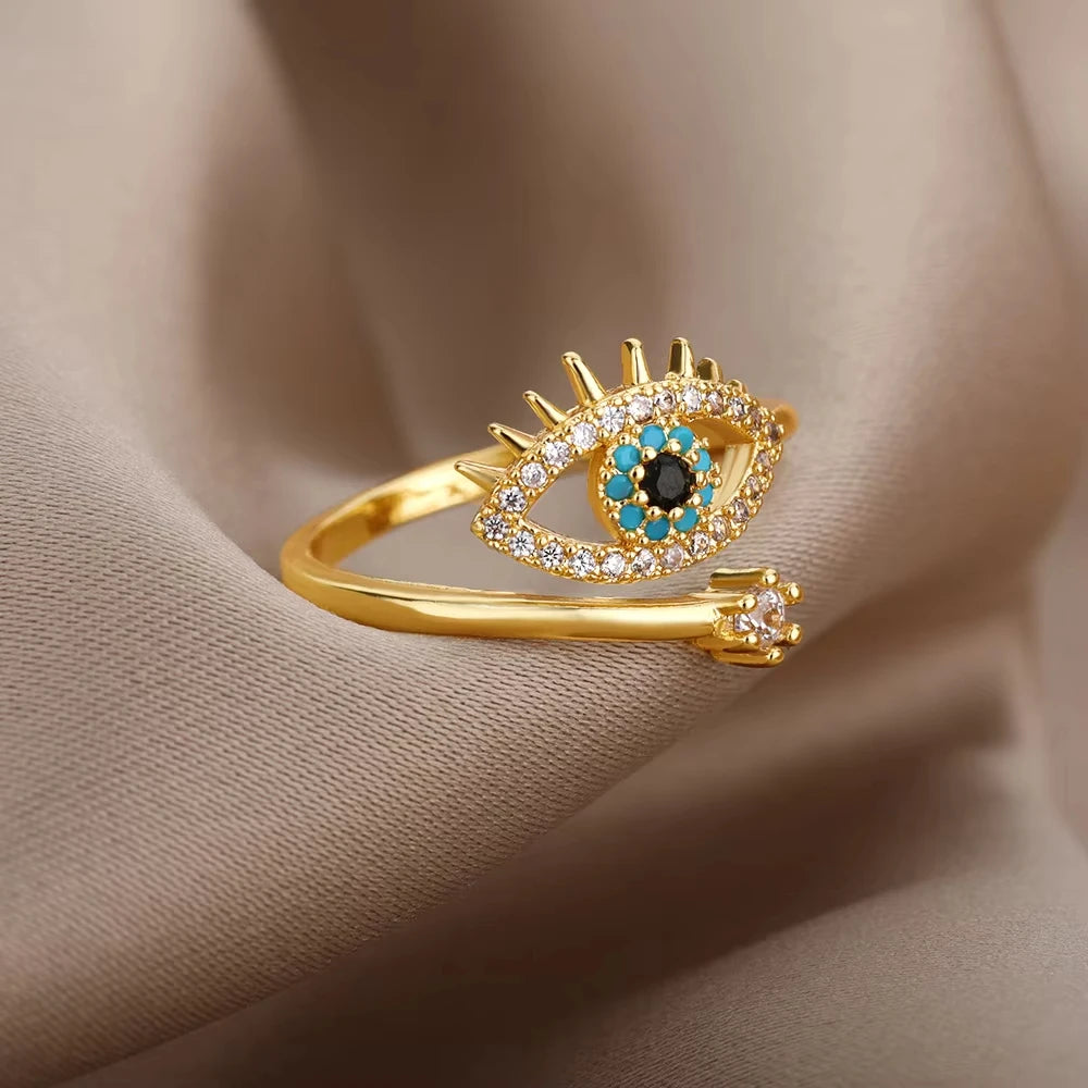 Gold Stainless Steel Evil Eye Adjustable Ring for Women